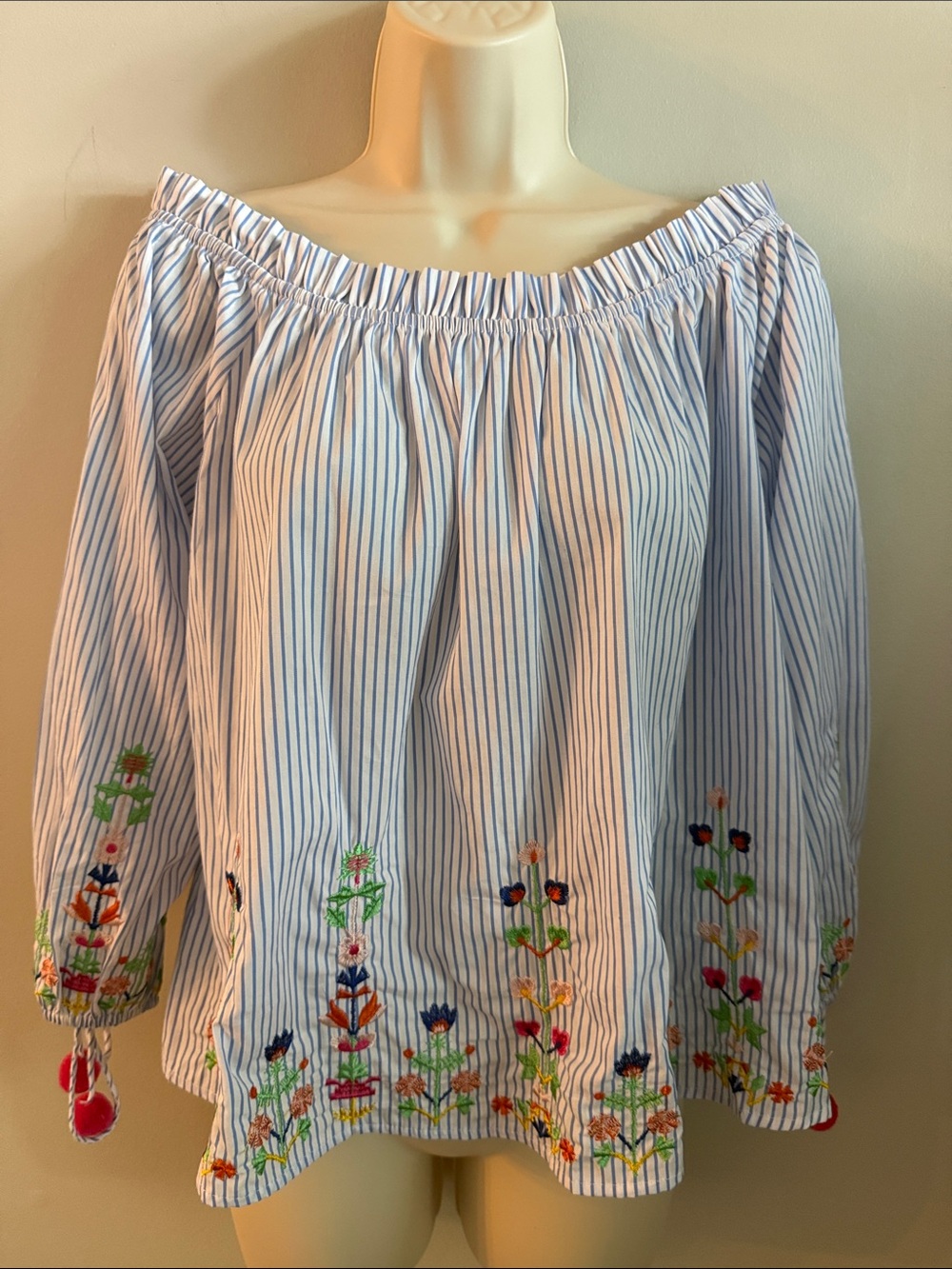 Striped Off-Shoulder Embroidered Floral Boho Peasant Top Striped Cotton SZ Large